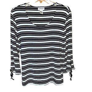 Chico's Travelers Metallic Navy Stripe Top Size 1 Holiday Resort Shimmer Knit